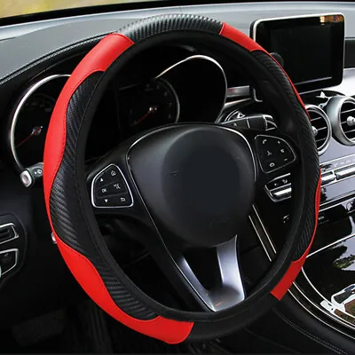 $8.76 • Buy Black Red Carbon Fiber Leather Steering Wheel Cover Car Accessories Universal