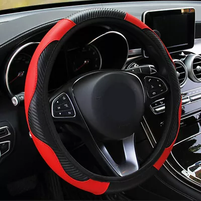 Black Red Carbon Fiber Leather Steering Wheel Cover Car Accessories Universal • $8.76