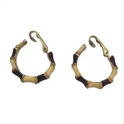 Vintage Cream & Brown Enamel Gold Tone Bamboo Hoop Clip On Earrings • $9.99