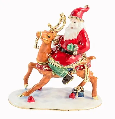 Santa Clause Sitting On Reindeer Trinket Box. Hand Set Swaroski Crystal Enamel  • $64.99