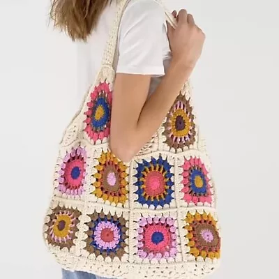 Handmade Eco Friendly Cotton Crochet Granny Square Tote Shopping Bag Beige Multi • $45