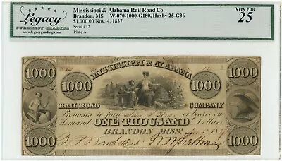 1837 Mississippi & Alabama Railroad Company MS $1000 VF25 Legacy (L1090) • $650