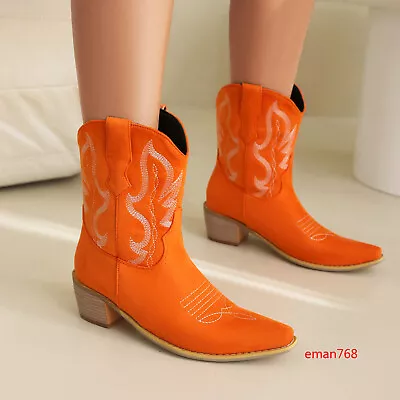 Women's Platform Embroidery Cowboy Boots Block Heel Shoes Mid-calf Western Boots • $50.39