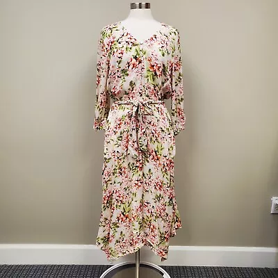J Jill Womens Pebble Hydrangea Floral Midi Dress Medium  Pockets Belted Boho • $29.99