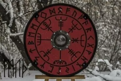 Viking Runes Helm Of Awe Aegishjalmur Norse Pattern Wooden Round Shield • $84.99