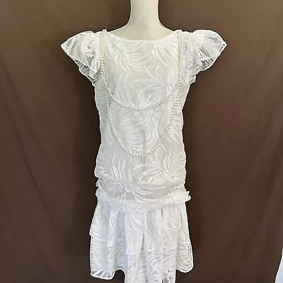 VINTAGE SENECA Of NY Ivory Lace Drop Waist Gatsby Dress 11/12 Pearl Necklace • $34.99