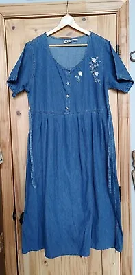 Vintage Denim Dress Blue Granny Prairie Embroidered Cottage Core Maxi Cotton 2xl • $29.99
