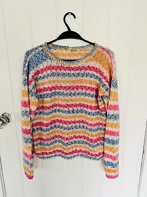 Hand Knitted Rainbow Bright Stripe Knit Jumper Sz 8 10  • £3.50