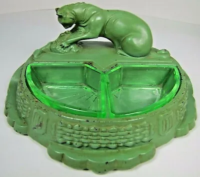 Antique Big Cat Tiger Hunting Fowl Bird Tray Ashtray Uranium Glass Inserts • $1195