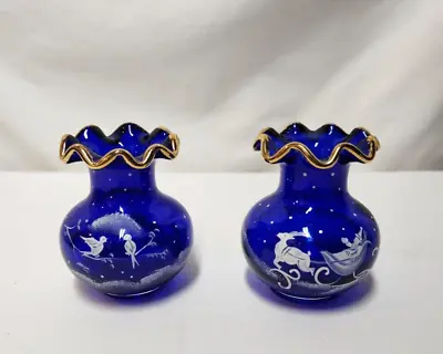2 Vintage Czechoslovakian Hand Painted Cobalt Blue Bud Vases Mary Gregory? 3  • $49.99