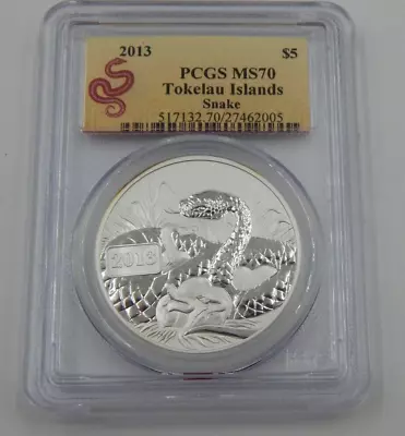 2013 Tokelau Islands Year Of The Snake - 1 Oz Silver $5 - PCGS MS70 (FGC 9) • $69.99
