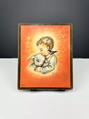 VTG 1958 Wood Picture Of Child Lamb & Bird By Charlot By Italian Litho 11” JESUS • $15.72