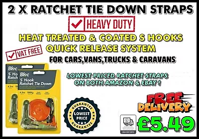 2 X Ratchet Tie Down Strap 15 Ft Lasing Straps Luggage Car Van Trailer Hook Roof • £5.49