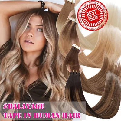 Tape In 100% Remy Human Hair Extensions Full Head 20PCS/50G Thick Glue Balayage • $37.30