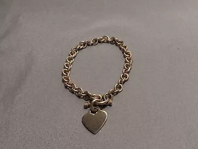 Vintage Sterling Silver Rolo Link Chain Heart Charm Toggle Bracelet • $29.99