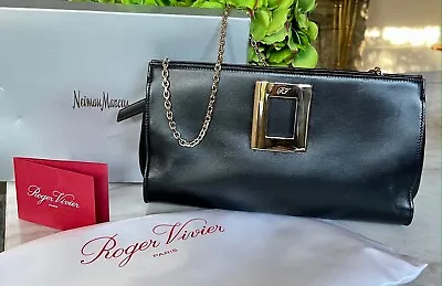 Roger Vivier Black Soft Leather Silver Buckle And Chain Clutch New W/tags • $675