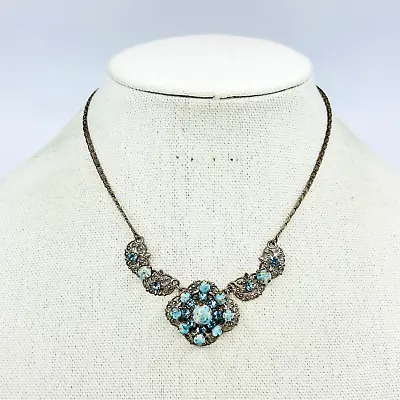 VTG Necklace Blue Hubbell Glass Filigree Czech? Art Deco Estate Jewelry • $79.95