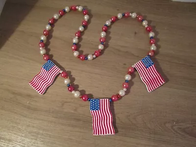 Mardi Gras Red White & Blue Beaded Vintage 34  Necklace With USA Flags • $9