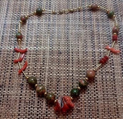 Vintage Spiny Oyster Shell And Unakite Jasper Necklace With Carved Figural Birds • $100