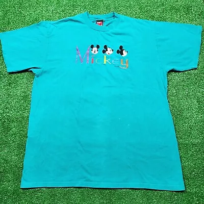 Vintage Embroidered Mickey Mouse Spellout T-Shirt Teal Size XL Distressed • $23