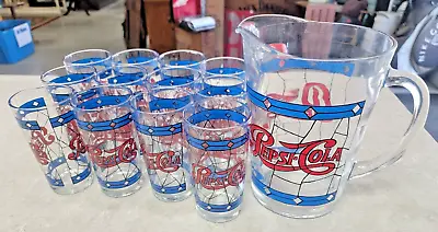 Vintage 1970'S Pepsi Cola Tiffany Style Stained Glass Pitcher And 12 Glasses • $50