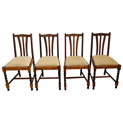 Antique Chairs Barley Twist Legs Solid Oak Set Of Four Tweed Seat Fabric 1A • $1495