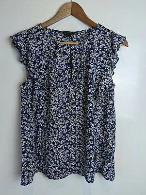 J. Crew Blue White Black Ruffle Capped Sleeveless Women's Top Blouse Size 4 • $24.95