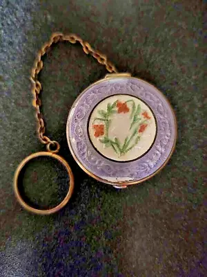 Vintage Floral Guilloche Lavender Enamel Silver Finger Ring & Chain Compact • $65