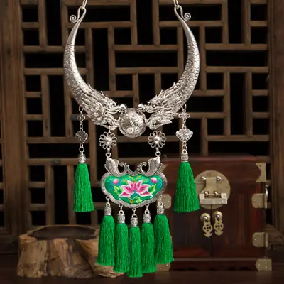 Bohemia Embroidery Necklace Ethnic Pendants Miao Silver Two Dragons Collars • $60.41