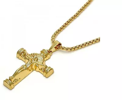 Men 9ct Gold GF Chunky Cross Crucifix   Pendant 30 Inch Necklace  JS154 • £45.99