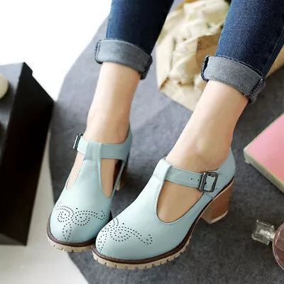 Womens T-strap Oxfords Mary Jane Shoes Fashion Buckle Mid Heel Pumps Plus Size • $41.39