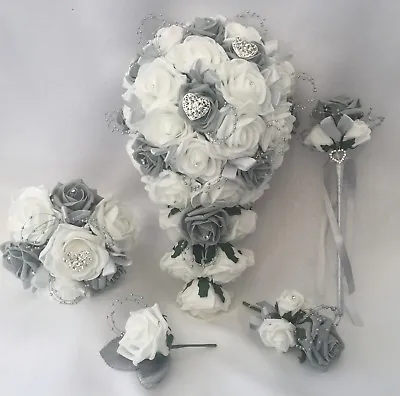 £3.50 • Buy Wedding Bouquet Grey Flowers  Heart Bouquet Bride Bridesmaid, Flower-Girl Wand