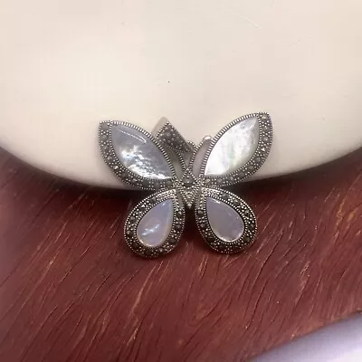 Vintage STERLING SILVER 925 MARCASITE WHITE Mother Of Pearl BUTTERFLY Pendant • $28