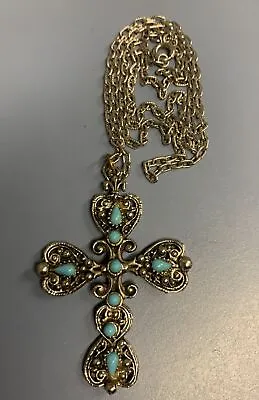 Vintage 14” Necklace Silver Tone  Cross Turquoise Colored Pendant • $16