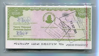 Zimbabwe Dollar Travellers Cheque $20 000 Check 2003 P18 Rare X 100 Pieces B • $143.60