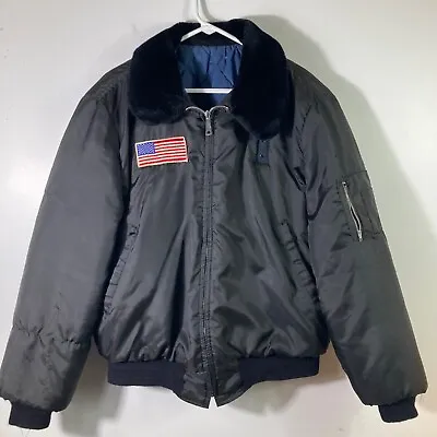 Mens Vintage USA Flight Military Bomber Quilted Jacket Fur Collar L Flaw • $49.50