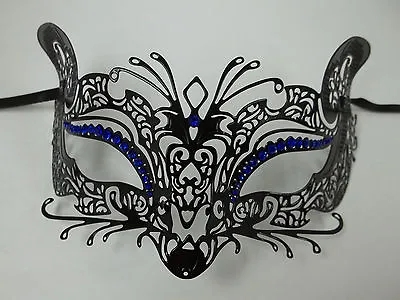 Black Blue Fox Cat Rhinestone Laser Cut Venetian Mask Masquerade Metal Filigree • $12.99