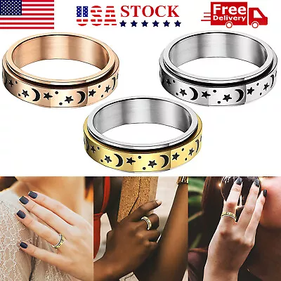 Stainless Steel Moon And Star Anxiety Spinner Ring For Men Woman Fidget 3 Color • $9.49