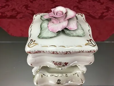 Vintage Chantilly China Footed Vanity Dresser Powder Jar Dish Applied Rose DJ51 • $19.99
