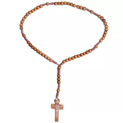  Beads Rosary Necklace Wood Beaded Chain Cross Wooden Men Women • £3.34