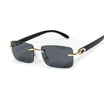 Black Tint Mens Rectangle Luxury Hip Hop Buffs Gold Frame Rimless Sunglasses • $15.99