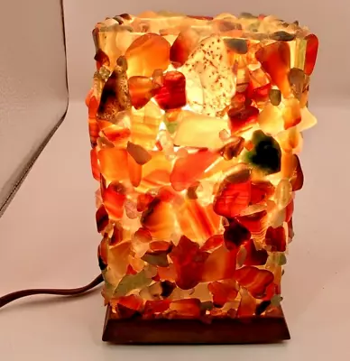 Agate Stone Table Lamp MCM Colorful Gemstones Wood Base Electric Tested Works • $59.95