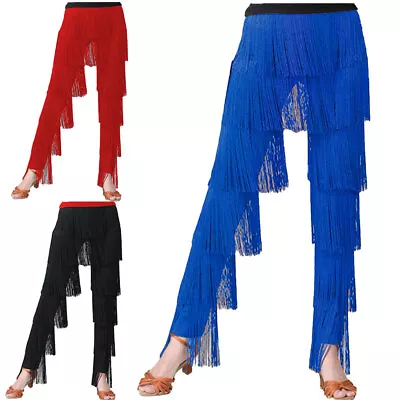 Womens Tassel Latin Tango Dance Pants Elastic Waistband Tiered Fringed Trousers • £32.39