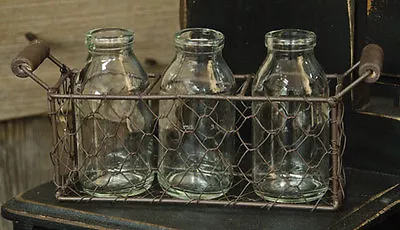 Rusty CHICKEN WIRE Basket W/ 3 Small Vintage Reproduction Milk Bottles • $12.95