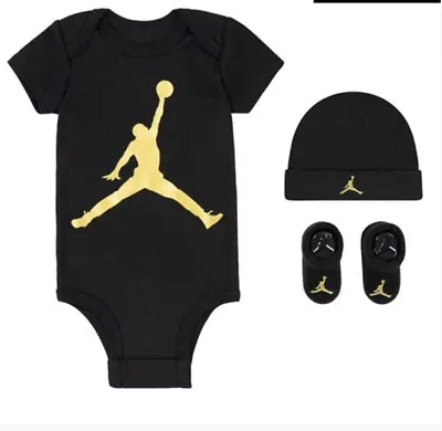 Jordan Baby Set Cap Boots Body Suit Black Gold 6 - 12 Months By Nike New • £15