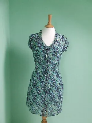 Summer Green Floral Print Tea Dress Chiffon Shirt Lined Frill 10 Eu 38 Mexx • £3.50