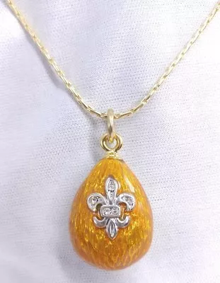 (W) Vintage Fleur De Lis ORANGE Enamel Egg Crystal Pendant Charm 18  Necklace • $10.99