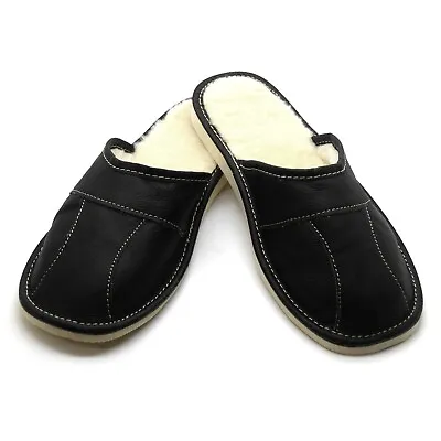 Mens Sheepskin Slippers Mule Shoes Warm Leather Wool Size 6 7 8 9 10 11 12 • £12.99