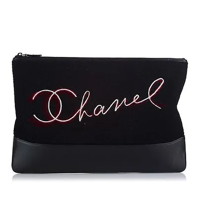 Authenticated Chanel Paris Hamburg Clutch Black Wool Fabric Bag • $920