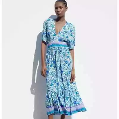 Zara Floral Boho Midi Dress Flutter Sleeve Tiered V-Neck Feminine Dress Sz S • $29.95